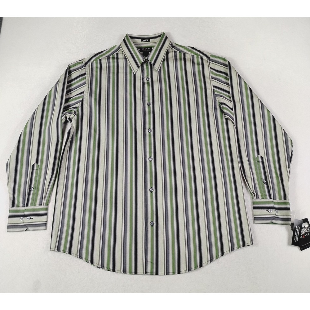Axcess Dress Shirt Mens Large Green Gray Stripe Classic‎ Fit Cotton Corpcore